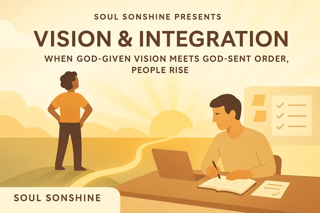 “Warm golden illustration with one person standing on a path facing a sunrise and another sitting at a desk writing with a laptop and checklist. Text reads: ‘Soul Sonshine Presents – Vision & Integration: When God-given vision meets God-sent order, people rise – Soul Sonshine.’”